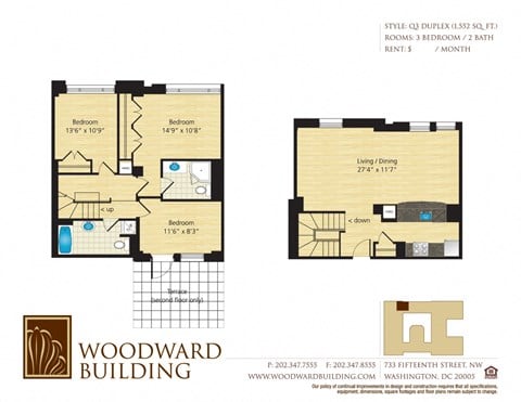 Floor plan for 3 beds, 3 baths, 1552 sqft